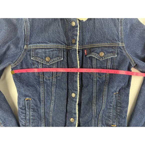 Levi’s Dark Wash Sherpa Lined Denim Trucker Jacket Blue Women’s Cotton Size S - Picture 8 of 9